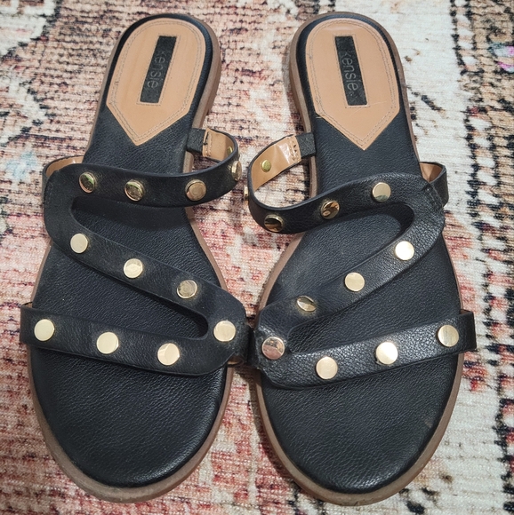 Black Strappy Faux Leather Sandals With Gold Studs - Picture 2 of 2